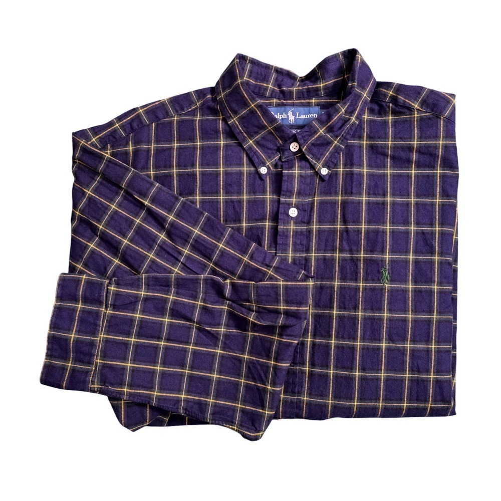Ralph Lauren Mens XXL Navy Green Yellow Plaid Cotton Button Down Long Slv Shirt